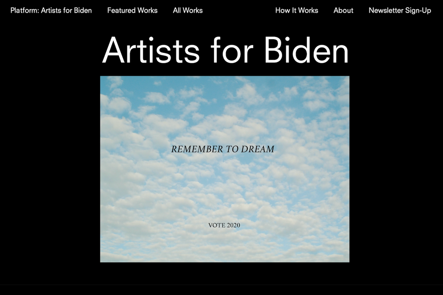 Screenshot of Artists for Biden home page during launch.