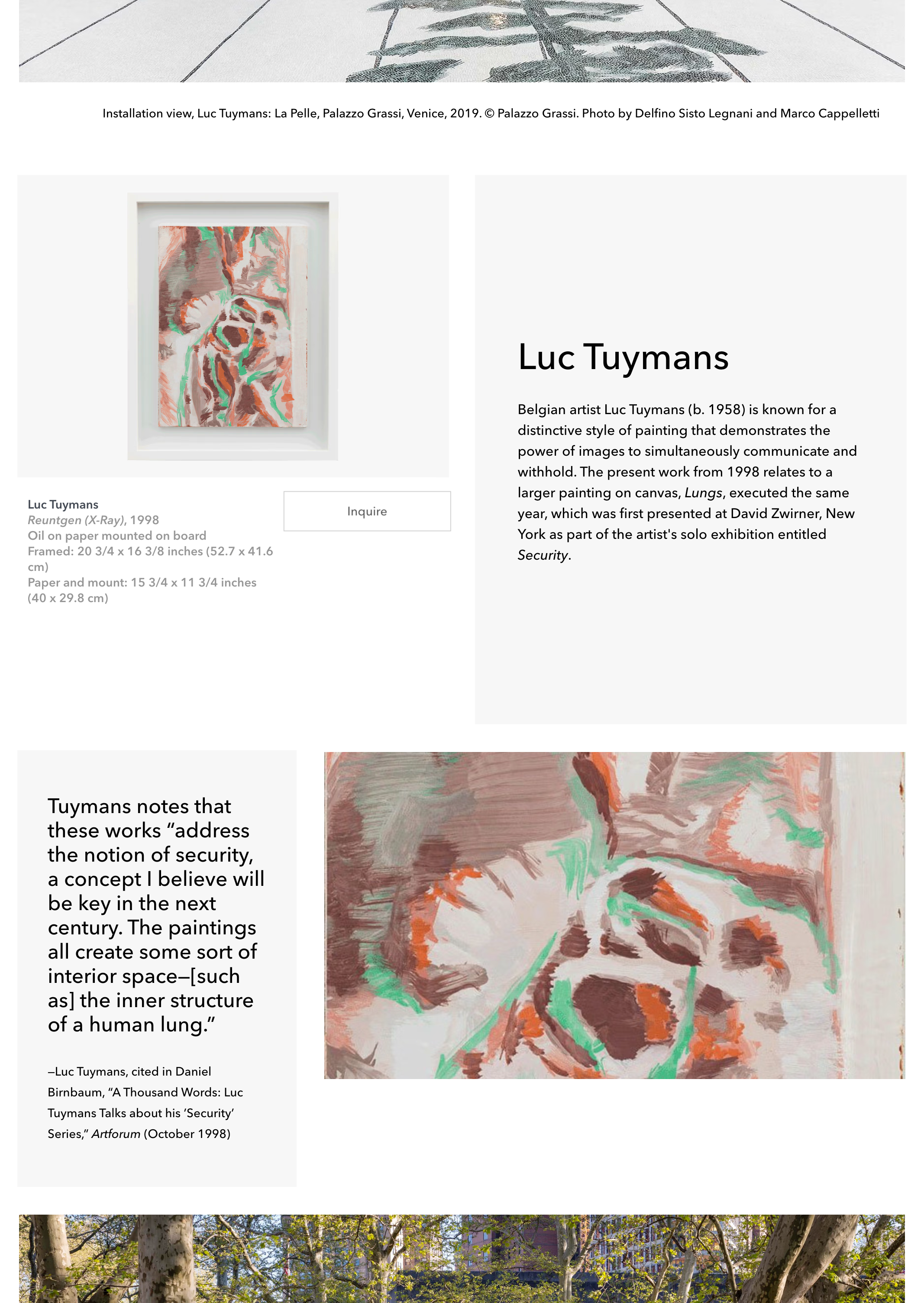 Screenshot from the artist Luc Tuymans section of the 2019 Basel Online Viewing Room, highlighting a mix of storytelling and artwork presentation.