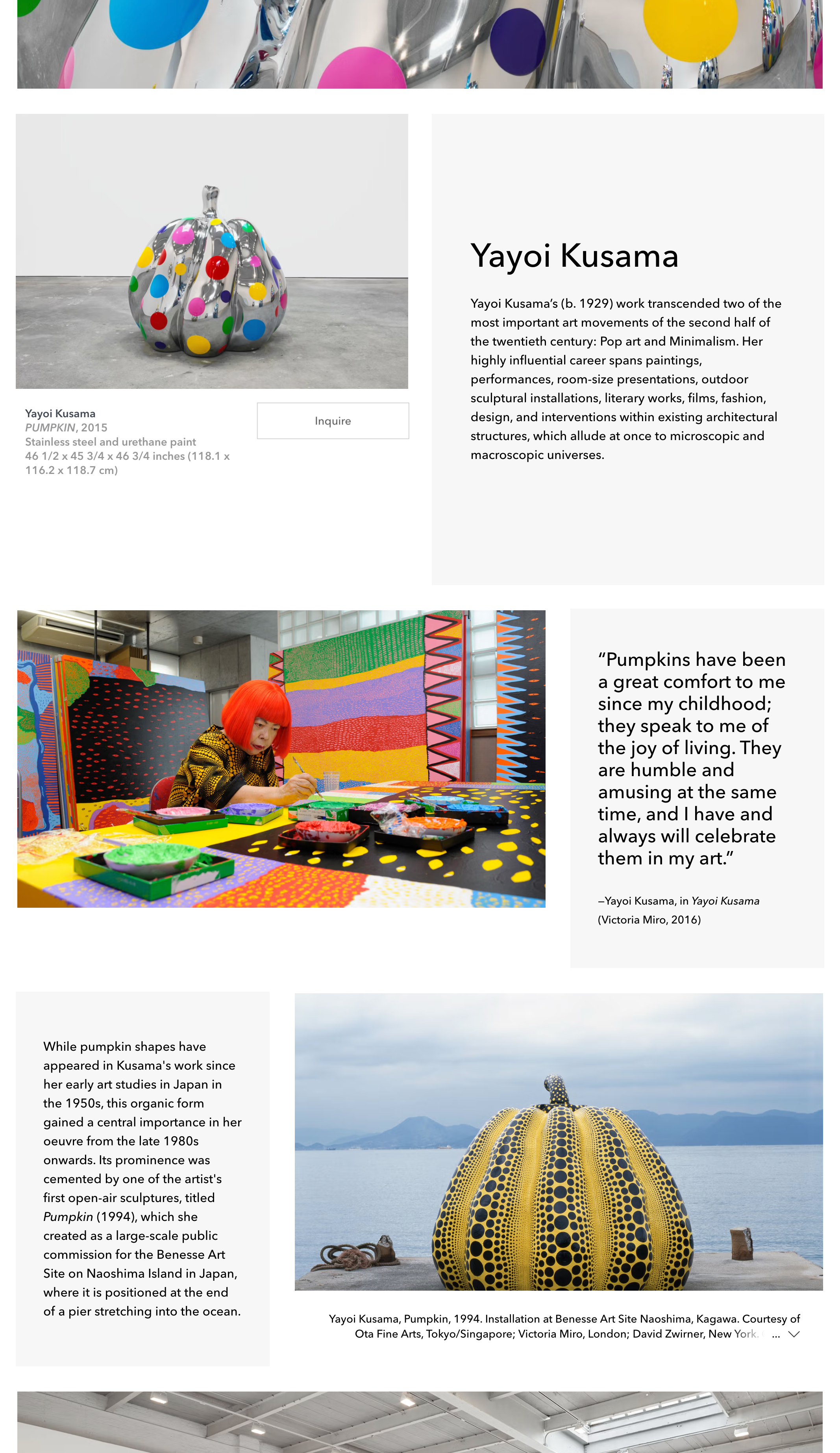 Screenshot from the artist Yayoi Kusama section of the 2019 Basel Online Viewing Room, highlighting a mix of storytelling and artwork presentation.