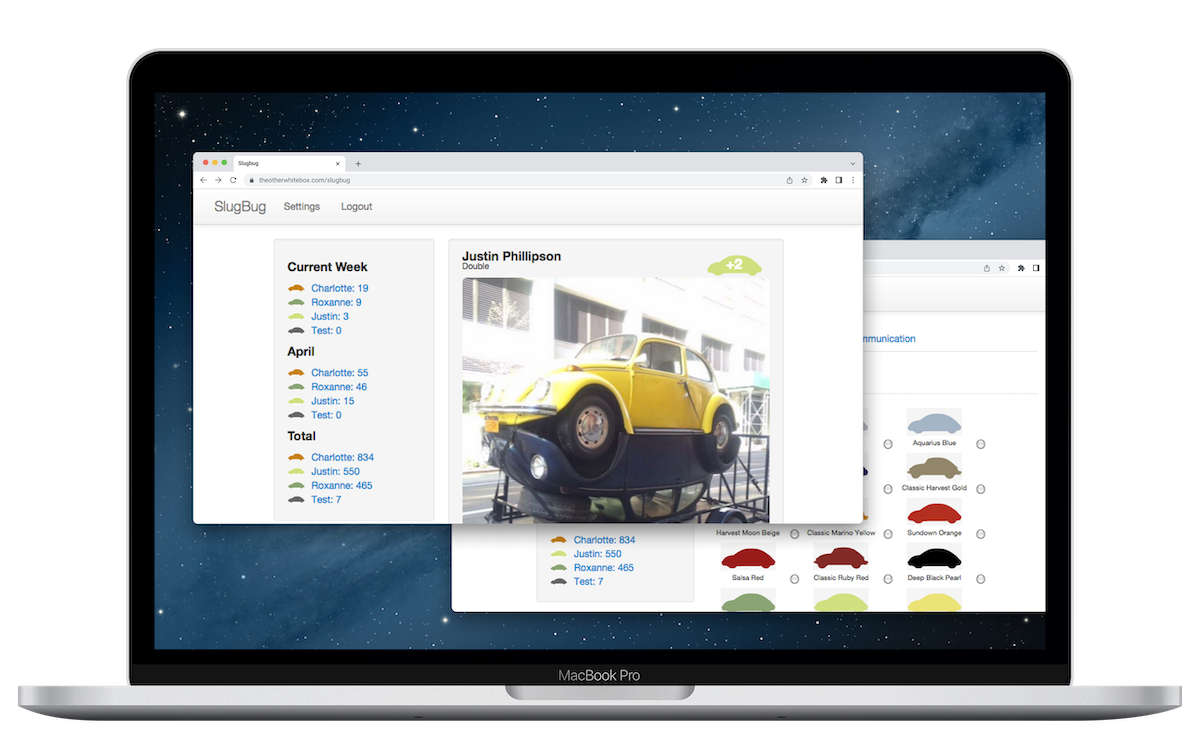 Views of Slugbugger's feed and admin interfaces on a laptop screen.