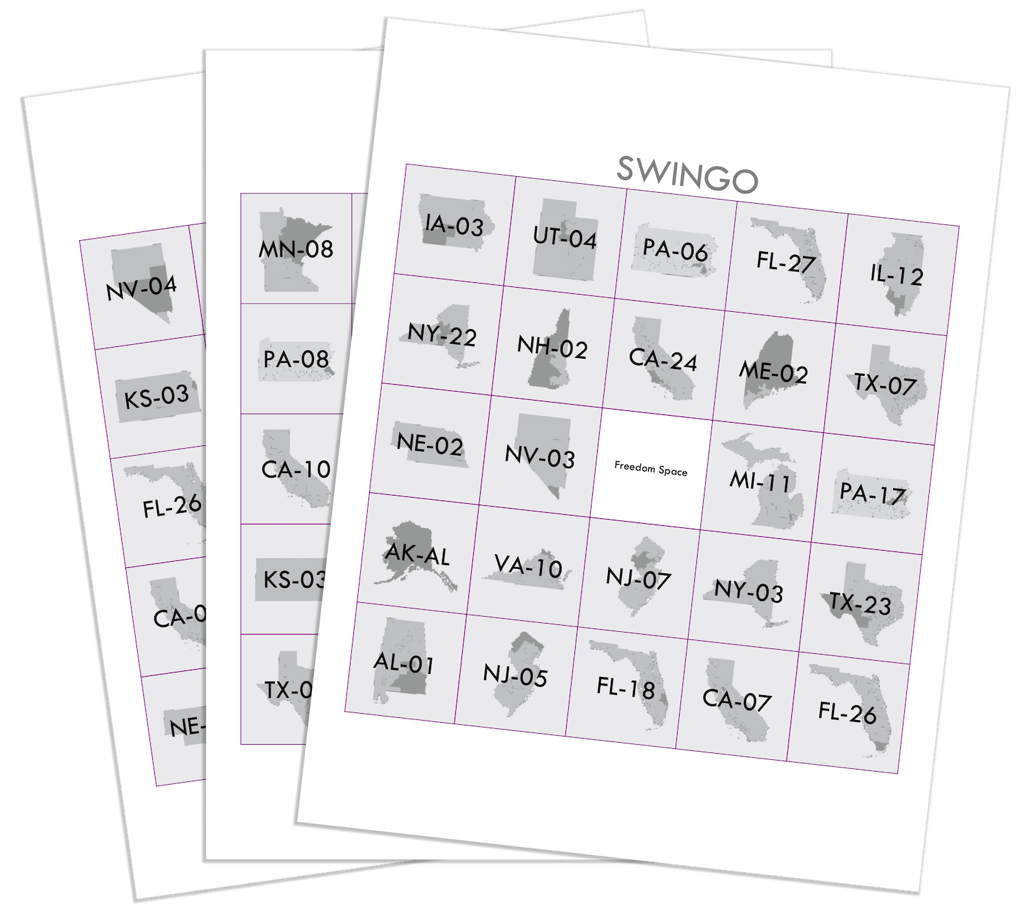 3 Swingo bingo boards spread out.